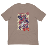 A beige t-shirt features a colorful graphic of a character in dynamic pose with swirling patterns around them the text reads アップまーん3 and 鬼滅の刃