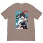 A beige t-shirt displays an anime character wielding a sword surrounded by blue and pink butterflies with text that reads Tsuyuri Kanroji and features the kanji for Demon Slayer