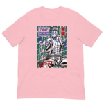 A pink t-shirt displays a graphic of a character with blue markings in a dynamic pose surrounded by green text saying "UPPER MOON" and Japanese characters depicting "evil."