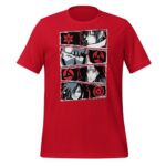 A red t-shirt displays four graphic images of characters with distinct expressions and symbols behind them  highlighting ninja-themed designs in a comic-style layout against the fabric.