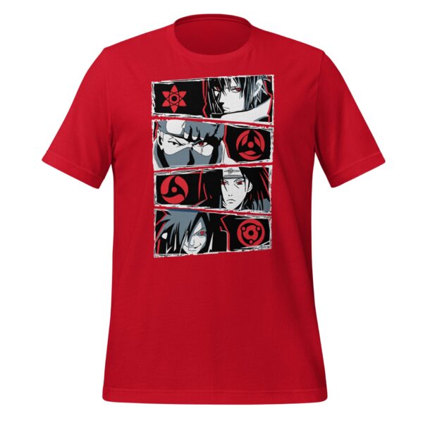 A red t-shirt displays four graphic images of characters with distinct expressions and symbols behind them  highlighting ninja-themed designs in a comic-style layout against the fabric.