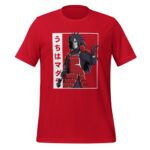 A red t-shirt features an illustration of a character with spiky hair wearing armor and extending one hand. The background includes stylized Japanese text.