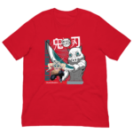 A red t-shirt features colorful cartoon characters from an anime holding weapons with dynamic poses surrounded by stylized text and designs creating a vibrant and action-oriented visual theme. Text includes "鬼滅"  "DEMON SLAYER"  "BEAST BREATH"  and "Insufficient Hashira".