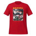A red T-shirt features four cartoon panels showing ninjas with distinctive characters. The top includes intense expressions while the bottom displays action scenes and includes Japanese text.