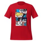 A red t-shirt displays a graphic featuring four anime characters’ faces in close-up with intense expressions and distinct hairstyles set against a colorful background. Text in Japanese is included beside the characters.