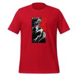 A red T-shirt displays a detailed graphic of a character partially obscured by a dark cloak  featuring striking purple eyes against a vivid red and black background.