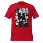 A red t-shirt features a graphic design showcasing multiple anime characters in a black and white collage with red accents their expressions and poses suggest a dramatic theme.
