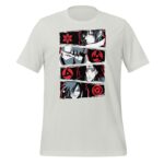 A light-colored t-shirt features four graphic panels displaying stylized characters with red and black designs and symbols associated with them set against a plain background