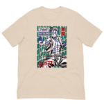 A beige t-shirt features a stylized character with blue markings in a dynamic pose gesturing with one hand surrounded by vibrant graphics and Japanese text reading Upper Moon and Akuma.