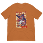 An orange t-shirt features an illustration of a muscular figure in a dynamic pose wearing a cape and white pants surrounded by colorful swirls and the text アッパムテン3 and 鬼滅の刃