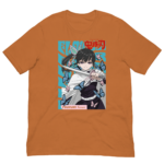 A graphic depicting a character holding a sword surrounded by blue butterflies wearing a black outfit with a white cape on an orange shirt backdrop featuring the text TSUYURI Kanro.