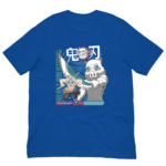A blue t-shirt displays two anime characters holding swords in an action pose with the text DEMON SLAYER and BEAST BREATHING in prominent positions along with stylized artwork and vibrant colors.
