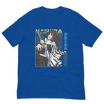 A blue t-shirt featuring an illustration of a character holding a sword with a white and black striped outfit and a scarf the text reads HASHIRA 伊黒小芭内