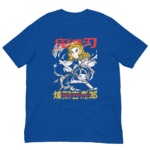 A blue T-shirt features a central graphic of a character with flowing hair wielding a sword surrounded by swirling smoke elements with stylized Japanese text above and below the character.