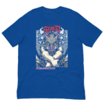 A blue t-shirt features a graphic design of a stylized creature with wolf-like traits sitting with crossed arms surrounded by patterned waves and Japanese text at the top and bottom.