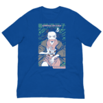 A blue t-shirt features an illustration of a character with long dark hair and a wooden mouthpiece wearing a traditional outfit while appearing to clutch her hands together in a dramatic pose. Text above reads "KAMADO NEZUKO" and below is a phrase in Japanese.