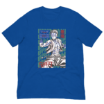 A blue t-shirt features a graphic of a muscular character in a dynamic pose with a hand raised. Text includes "アッパームーン" and "UPPER MOON" in a vibrant design surrounding the character.