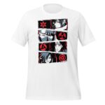 A white t-shirt features four stylized character designs in black and red  showcasing different characters with distinctive facial expressions and symbols  set against a simple background.