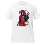 A white t-shirt features an illustrated character with dark spiky hair wearing a red and black outfit striking a confident pose with a circular design and splashes of red around him.