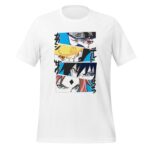 A white t-shirt displays four large  illustrated faces of characters  each focused and intense  against a colorful background with Japanese text alongside them.