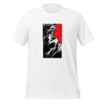 A white t-shirt displays a bold graphic of a character partially shrouded in a cloak with a striking purple eye against a red and black background  conveying intensity and mystery.
