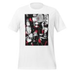 A white t-shirt displays a graphic featuring various anime-style characters in black and red tones arranged in a collage with some characters making expressive gestures against a contrasting background.