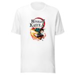 A white t-shirt featuring a colorful illustration of a character performing a dynamic action pose surrounded by flames with the text HINOKAMI KAGURA above the character.