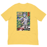 A yellow t-shirt features a graphic of a character with blue markings showcasing a fighting stance surrounded by repeating text that reads "UPPER MOON" and various Asian characters.