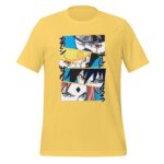 A yellow t-shirt displays a graphic of four characters' faces in a grid pattern featuring intense expressions and colorful backgrounds  emphasizing their striking eyes and unique hairstyles.