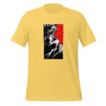 A yellow t-shirt features a graphic design of a character partially obscured by a cloak with distinctive purple eyes set against a vibrant red and black background.