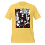 A yellow t-shirt displays a graphic design featuring multiple anime characters in black and red tones with varied expressions and poses against a contrasting background.
