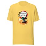 A yellow t-shirt features a dynamic cartoon character performing an action surrounded by flames with the text HINOKAMI KAGURA above the character  creating an energetic and vibrant design.