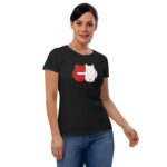 A woman wearing a black t-shirt features a graphic of two cartoonish characters in red and white embracing each other with the text FOREVER MINE below the design in a casual setting.