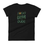 A black t-shirt displays the text "LUCKY LITTLE DUDE" in green with a yellow horseshoe above the word "LUCKY" surrounded by small stars and dots  creating a playful design.