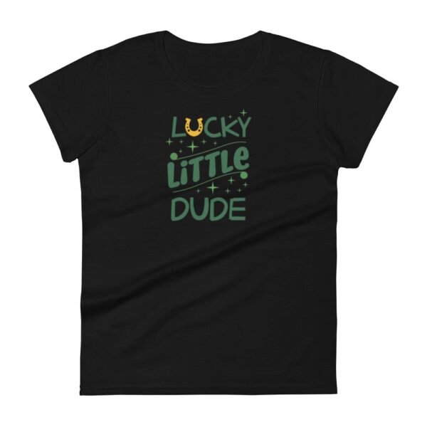 A black t-shirt displays the text "LUCKY LITTLE DUDE" in green with a yellow horseshoe above the word "LUCKY" surrounded by small stars and dots  creating a playful design.