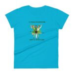 A turquoise t-shirt features three joyful characters in festive attire celebrating St. Patrick's Day  holding their arms up with a backdrop of scattered shamrocks and the text "IT'S THE DAY OF GOOD FORTUNE HAPPY ST. PATRICK'S DAY."