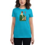 A person is wearing a bright blue t-shirt featuring an illustrated Saint Patrick holding a staff with a cross design the shirt has the text Saint Patrick at the bottom.