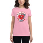 A woman wears a pink t-shirt featuring a cartoon heart character with boxing gloves and the text "LOVELY PERSON" in bold letters surrounded by playful designs.
