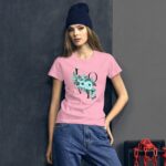 A young woman stands confidently wearing a pink floral graphic t-shirt and denim jeans against a dark textured background featuring a contrasting red chain  exuding a casual yet stylish vibe.