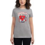 A woman wearing a gray t-shirt features a colorful cartoon heart character holding a telephone with the text "LOVELY PERSON" displayed prominently above the graphic in a playful style.