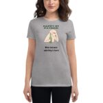 A person wearing a gray t-shirt stands holding a green bottle  featuring an illustration and text that reads HAPPY ST. PATRICK Wine because adulting is hard.