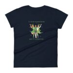 A dark t-shirt features three women dressed in green celebrating. They pose joyfully with arms raised among small shamrocks. Text reads IT'S THE DAY OF GOOD FORTUNE HAPPY ST. PATRICK'S DAY.