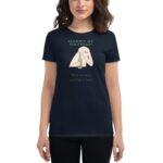 A dark shirt features a cartoonish design of an arm holding a wine bottle with text above stating HAPPY ST. PATRICK and below saying Wine because adulting is hard.