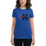 A woman wears a blue t-shirt featuring two stick figures holding hands with red hearts on their chests beside the text TRUE LOVE in red letters.