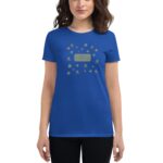 A blue t-shirt features festive designs including top hats and shamrocks with the text "Happy St. Patrick's Day" centered on the front worn by a young woman.
