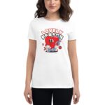 A woman wears a white t-shirt featuring a cartoonish red heart character with eyes and boxing gloves  alongside the text "LOVELY PERSON" in bold  playful letters.