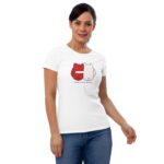 A woman wearing a white t-shirt with a playful graphic of two cartoonish figures in red and white is smiling in a casual setting showcasing the design that reads FOREVER MINE.