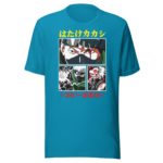 A blue t-shirt features four colorful anime-style panels showing characters wearing masks and expressions of intensity. Above and below the panels are Japanese texts stating "はたけカカシ" and "コピー忍者の".