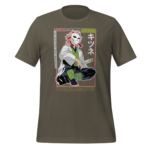 A character wearing a cat mask and a white coat is crouching with a sword in hand showcasing a colorful outfit on a t-shirt against a plain background.