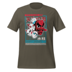 A brown t-shirt displays a colorful graphic featuring four stylized cat faces and a large red figure with exaggerated features in the center among Japanese text and designs.